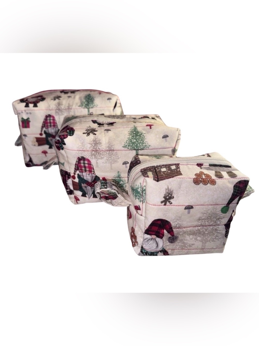 Boxy Makeup Bag Gnome Christmas Lumberjack Theme Set Of 3 Hand Crafted Bags